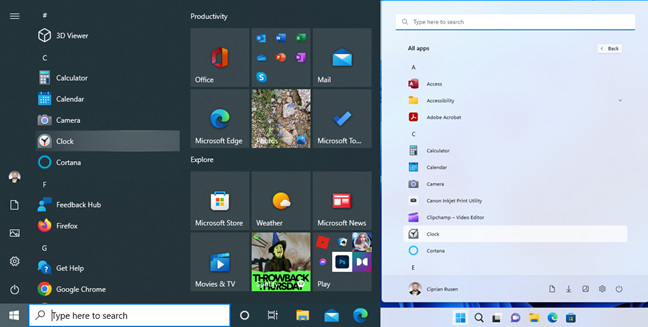 Open the Clock app in Windows 10 (left) or Windows 11 (right)