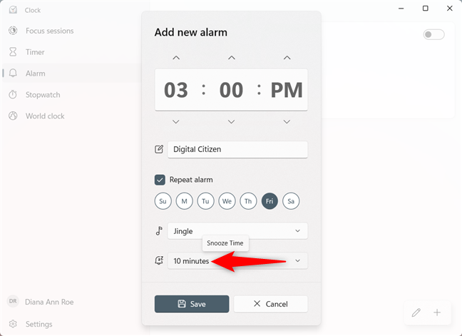 Open the Snooze Time dropdown menu