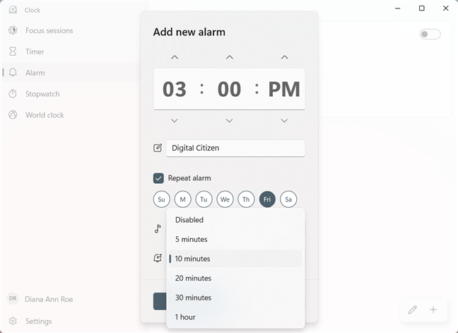 Choose a Snooze Time for your alarm or disable snooze