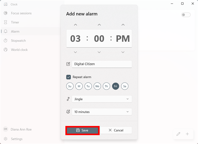 Click or tap Save to create the alarm for Windows