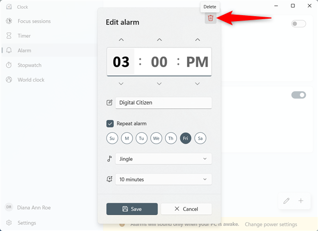 Delete a Windows 11 or Windows 10 alarm