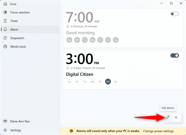 Click or tap on Edit alarms
