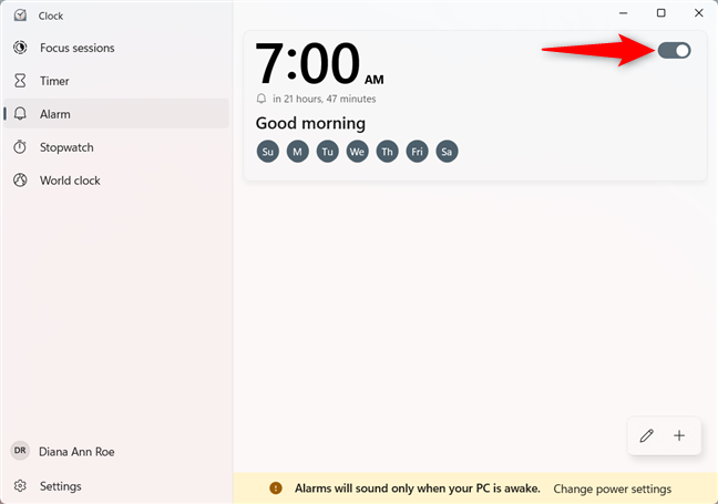 How to set an alarm on Windows 10 or Windows 11 by turning on an existing alarm
