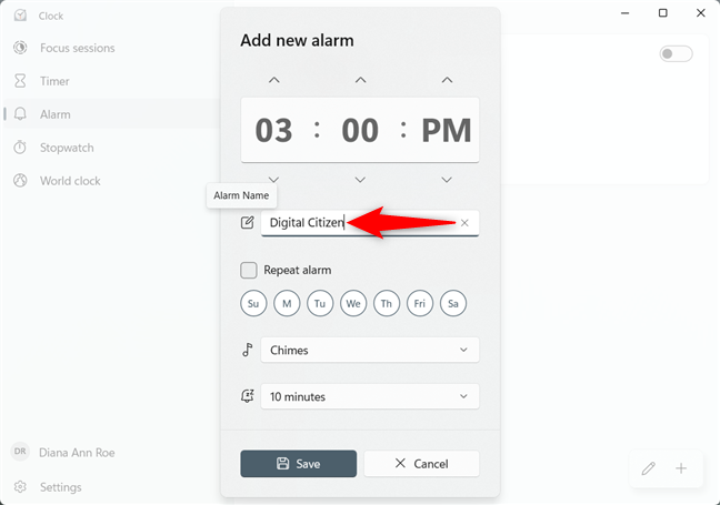 Type in a name for your alarm