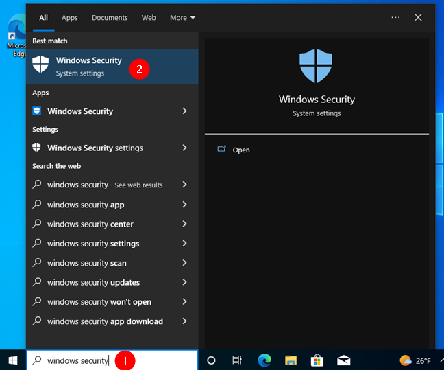 Search and open Windows Security in Windows 10