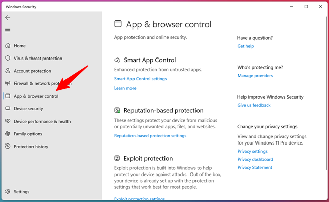 Select App & browser control in Windows Security