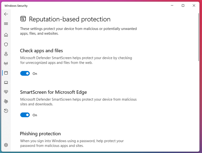 The SmartScreen controls are found in the Reputation-based protection settings