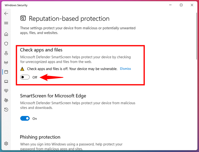 Turn off SmartScreen's Check apps and files feature