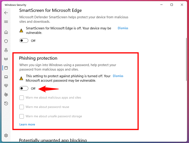 Turn off SmartScreen's Phishing protection