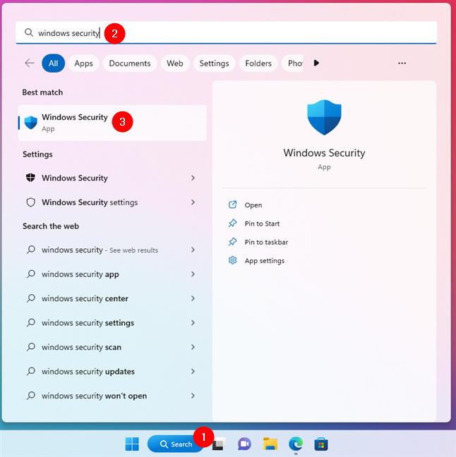 Search and open Windows Security in Windows 11