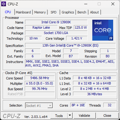Details about the Intel Core i9-13900K shown by CPU-Z
