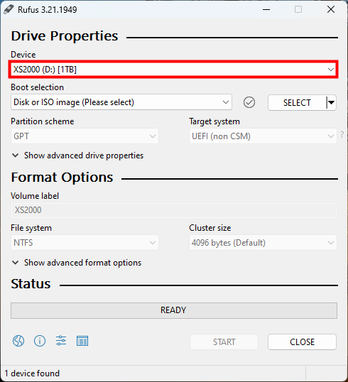 Connect and select the USB drive for Windows 11