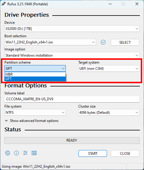 Choose between GPT (UEFI, non CSM) and MBR (BIOS, UEFI-CSM)