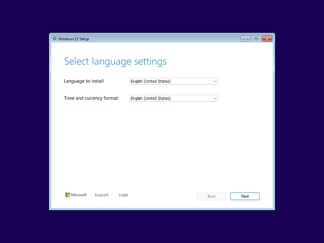 The first step of the Windows 11 Setup wizard