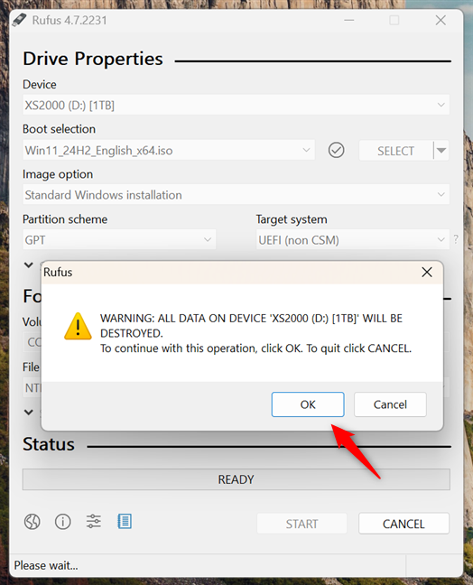Rufus warns you that the data on the USB drive will be lost