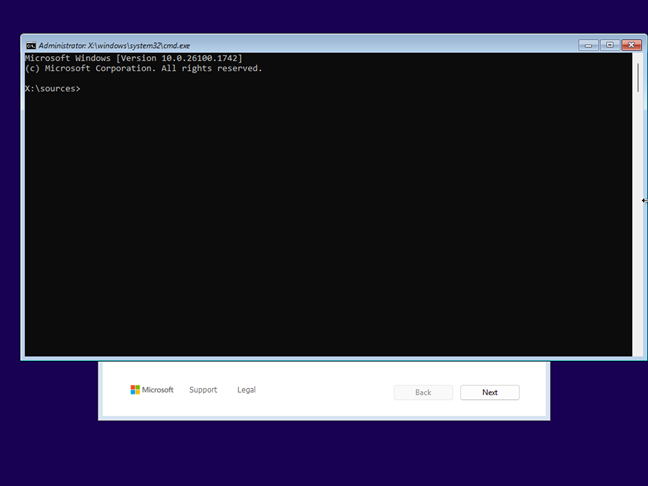 Press Shift + F10 to launch CMD during setup