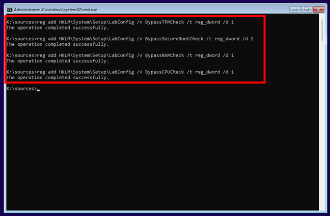 The commands that bypass Windows 11's TPM, SecureBoot, RAM, and CPU checks