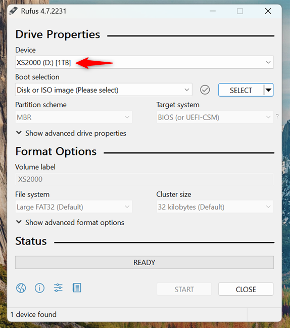 Connect and select the USB drive for Windows 11