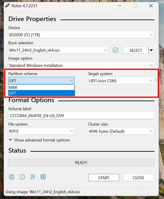 Choose between GPT (UEFI, non CSM) and MBR (BIOS, UEFI-CSM)