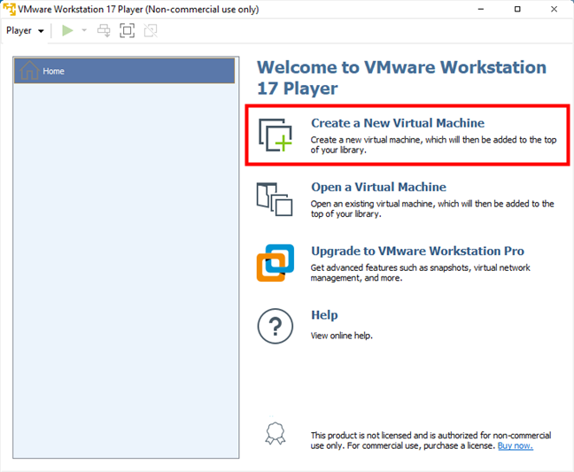 Create a new virtual machine in VMware Workstation Player Free