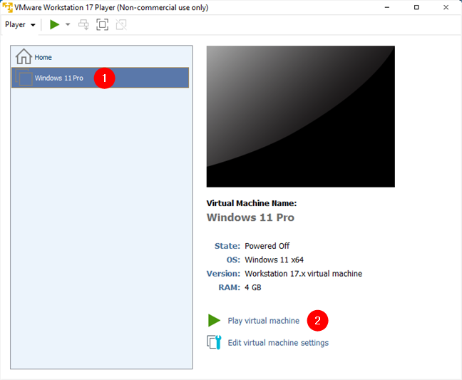 Start the virtual machine in VMware Workstation Player