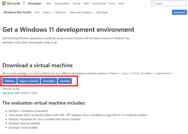 Download a free virtual machine from Microsoft