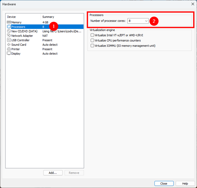 Set the number of CPU cores available to the virtual machine (at least 2)