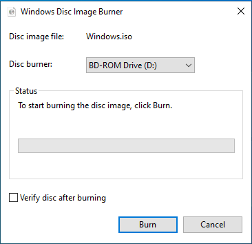 The Windows Disc Image Burner app