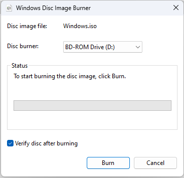 Select Verify disc after burning and press Burn