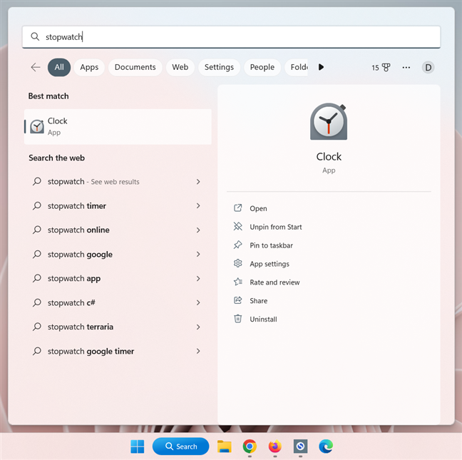 Search for stopwatch in Windows 11