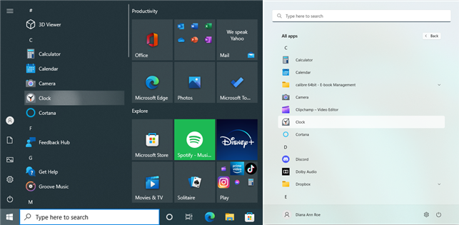 Access the Clock app in Windows 10 (left) or Windows 11 (right)