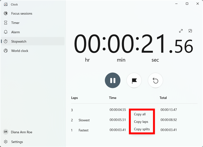 The options to easily copy the data for laps and splits