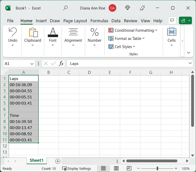 The Laps and Time (splits) when pasted into an Excel document