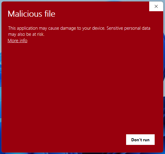SmartScreen showing an alert about a malicious file