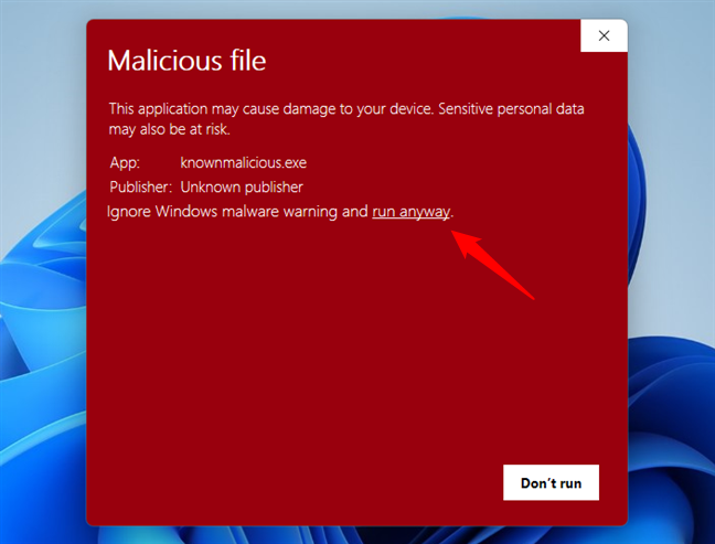 Click run anyway to execute the file blocked by SmartScreen