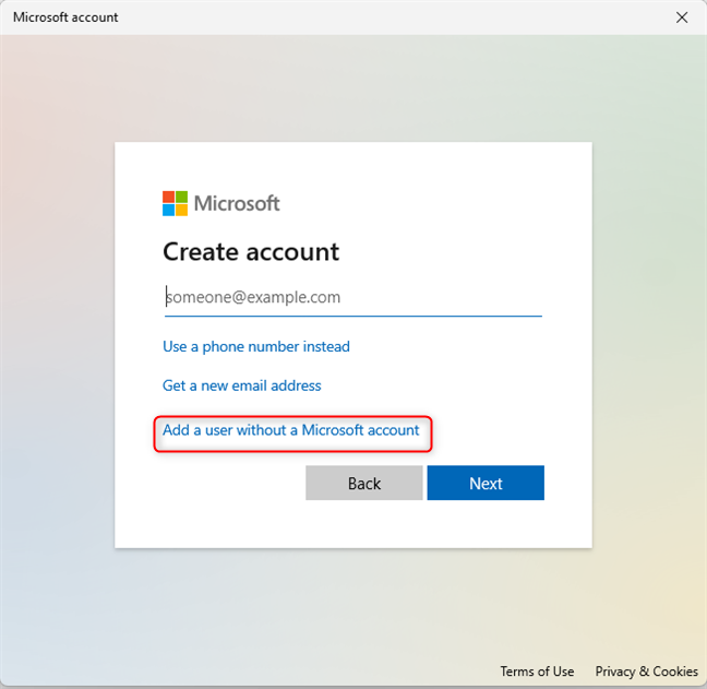 Choose to Add a user without a Microsoft account