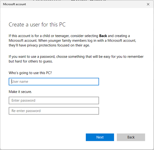 Create the new user for your Windows 11 PC