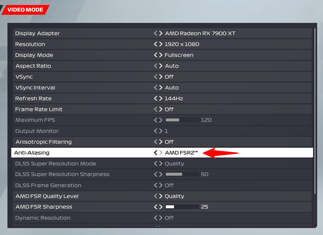 The AMD FSR2 setting from F1 2022