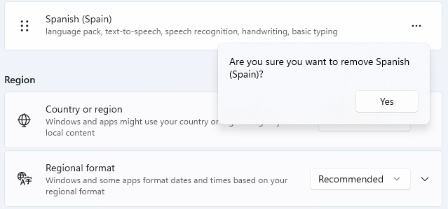 Confirm the language removal