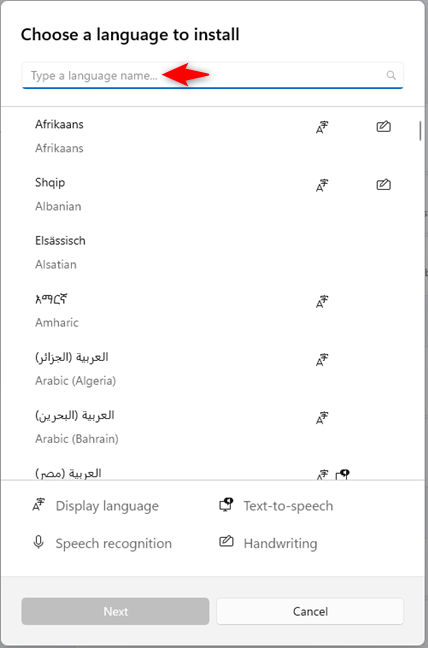Search for the language you want to add