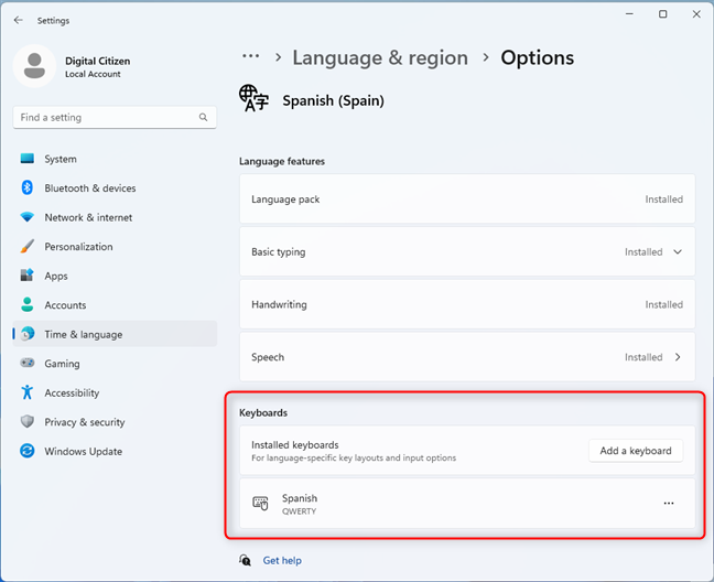 The keyboards layouts available for the selected language