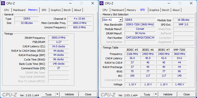 Specs and timings shown by CPU-Z 