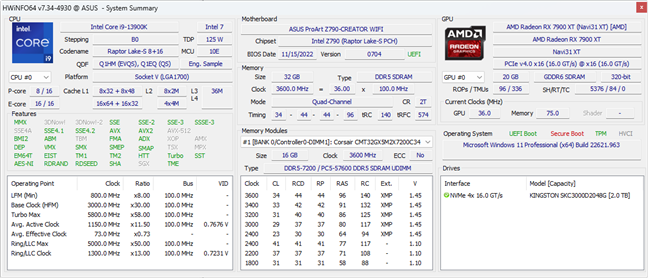 The specs of the test PC