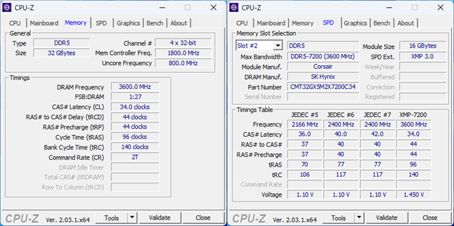Tech specs of a DDR5-7200 memory kit with a CL of 34