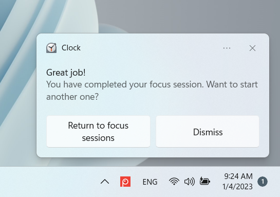 The Clock app congratulates you on completing a focus session