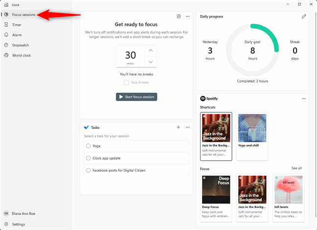 The Focus sessions tab in the Windows Clock app