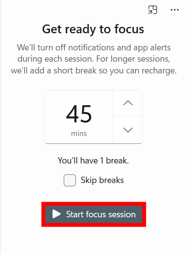 Start focus session in Windows 11 or Windows 10