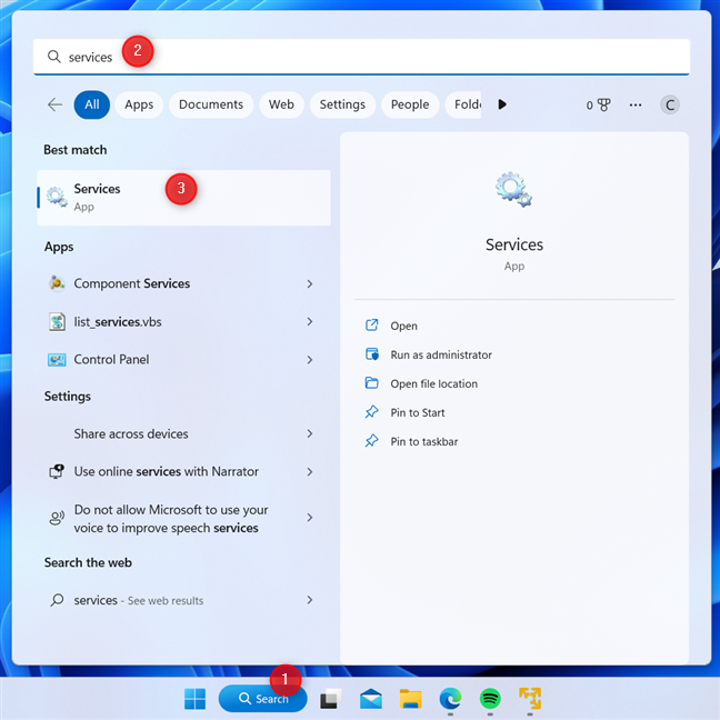 Search for services in Windows 11