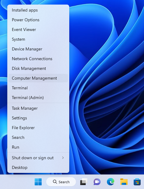 Press Win + X and choose Computer Management