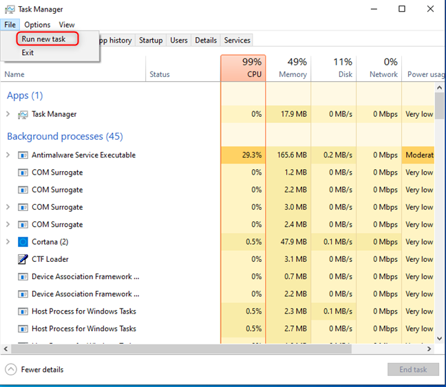 In Task Manager, go to File > Run new task